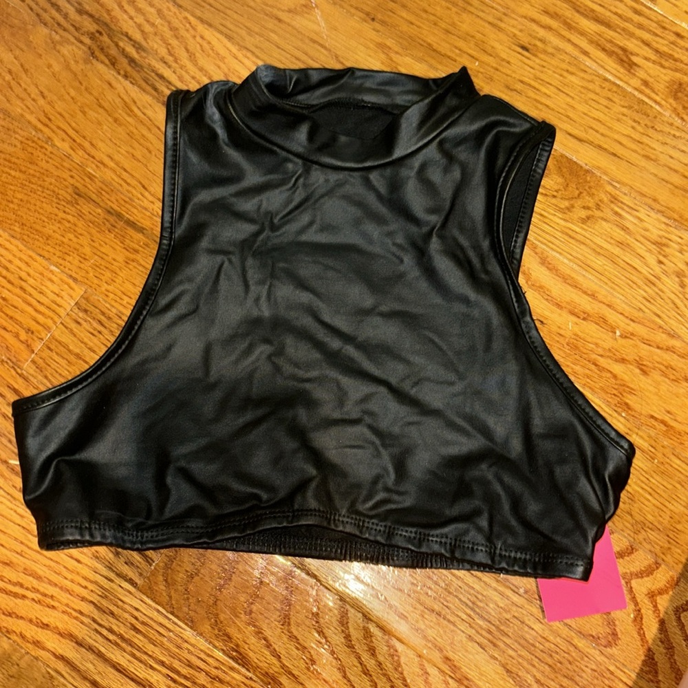 Black leather high neck crop top
